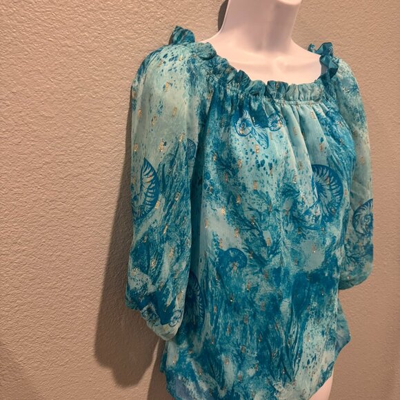 White House Black Market Off the Shoulder Clip-Dot Blouse - Picture 3 of 6